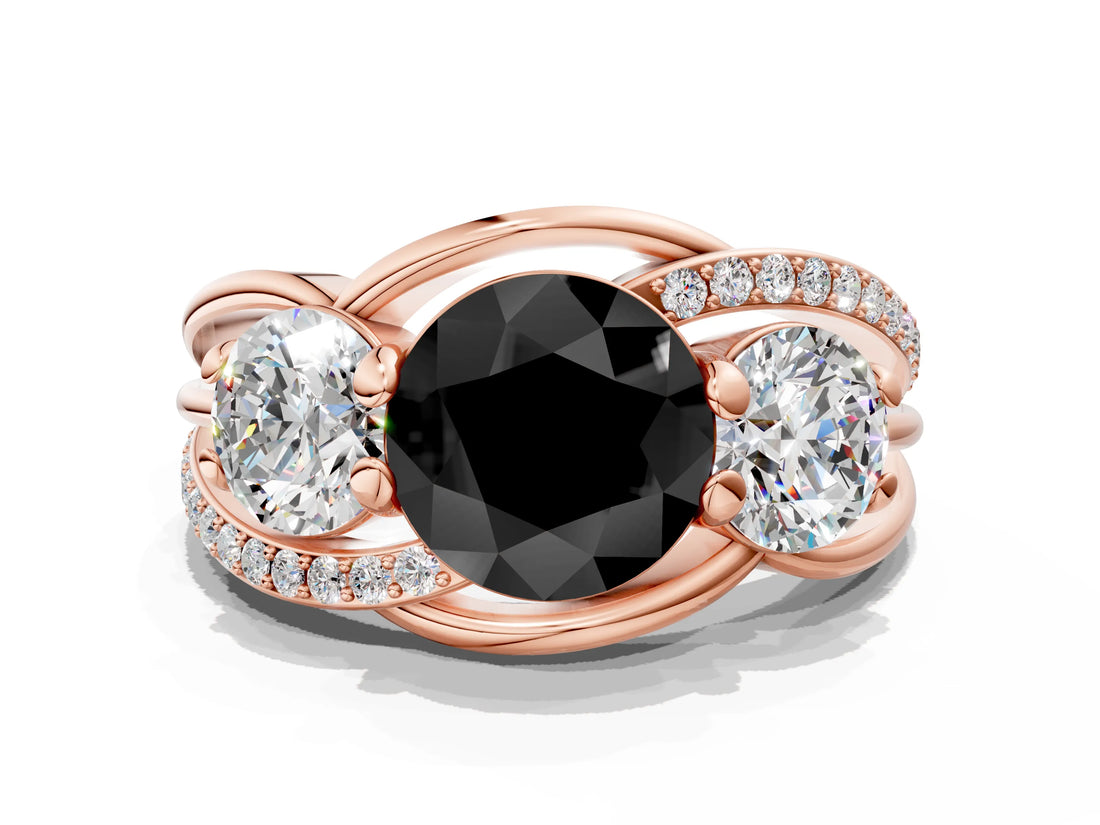 Rose gold Three-Stone Fancy Black Round Cut Cut Diamond Split Shank Prong Set Ring