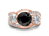 Rose gold Three-Stone Fancy Black Round Cut Cut Diamond Split Shank Prong Set Ring