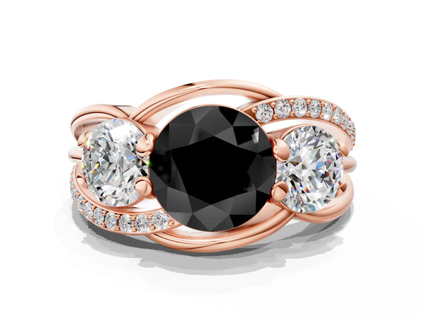 Rose Gold Round Three Stone Split Shank Engagement Ring Setting for Black Center