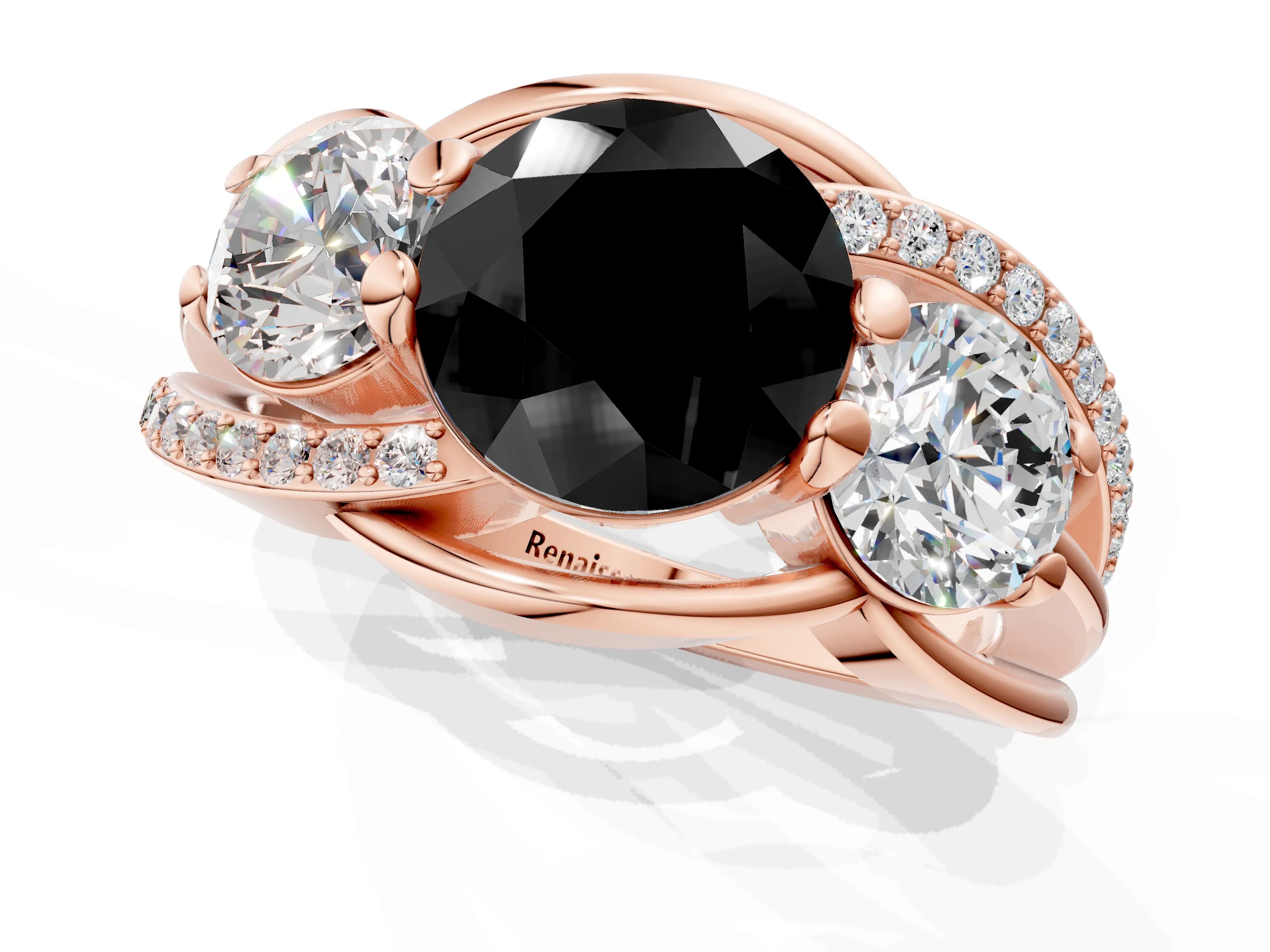 Rose gold Three-Stone Fancy Black Round Cut Cut Diamond Split Shank Prong Set Ring_1