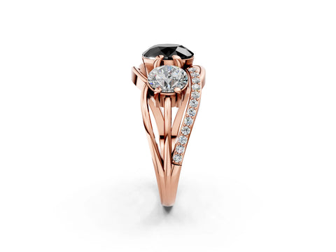 Rose gold Three-Stone Fancy Black Round Cut Cut Diamond Split Shank Prong Set Ring_2