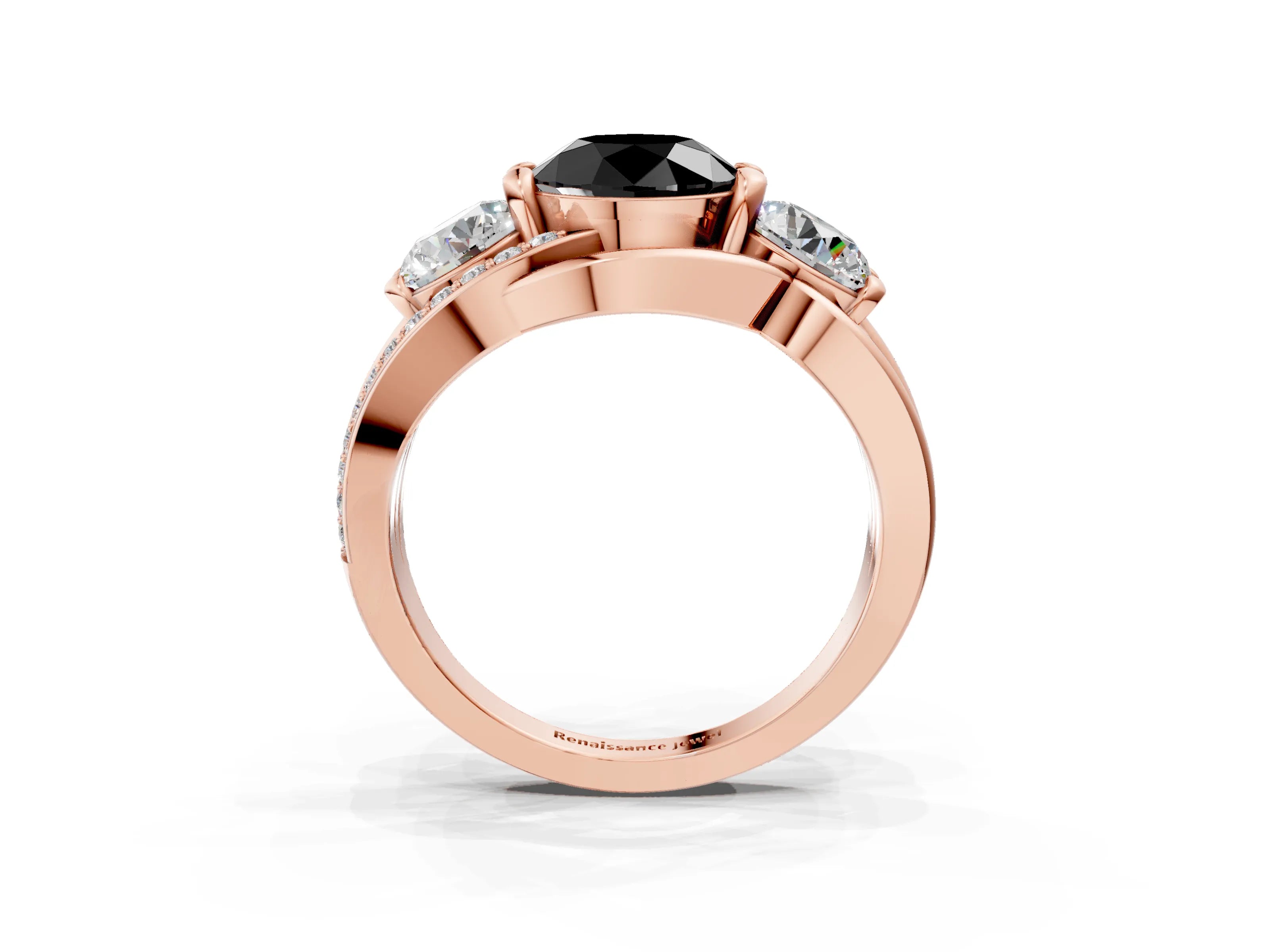 Rose gold Three-Stone Fancy Black Round Cut Cut Diamond Split Shank Prong Set Ring_3