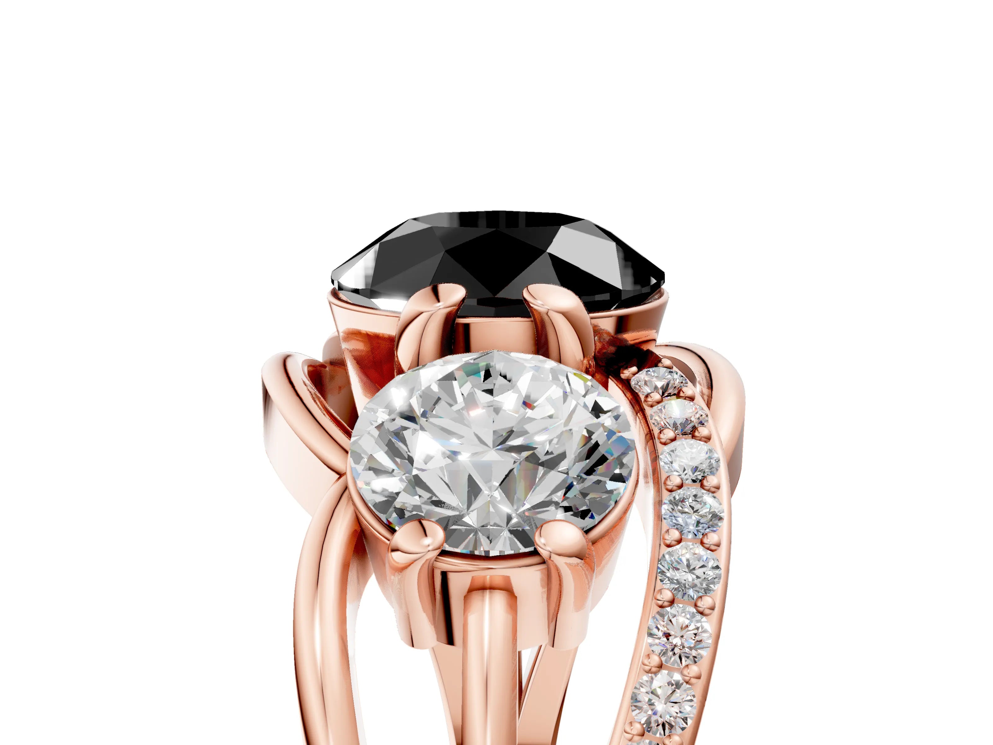 Rose gold Three-Stone Fancy Black Round Cut Cut Diamond Split Shank Prong Set Ring_5