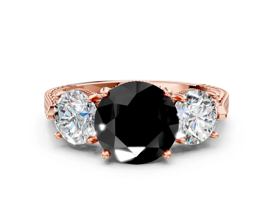 Rose gold Three-Stone Fancy Black Round Cut Cut Milgrain Band Prong Setting Ring