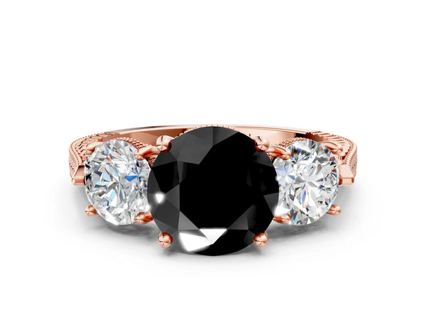 Rose Gold Round Vintage Three Stone Engagement Ring Setting for Black Center