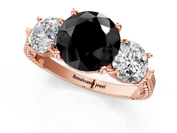 Rose Gold Round Vintage Three Stone Engagement Ring Setting for Black Center