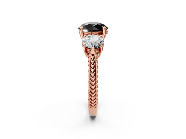 Rose Gold Round Vintage Three Stone Engagement Ring Setting for Black Center