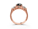 Rose gold Three-Stone Fancy Black Round Cut Cut Milgrain Band Prong Setting Ring_3
