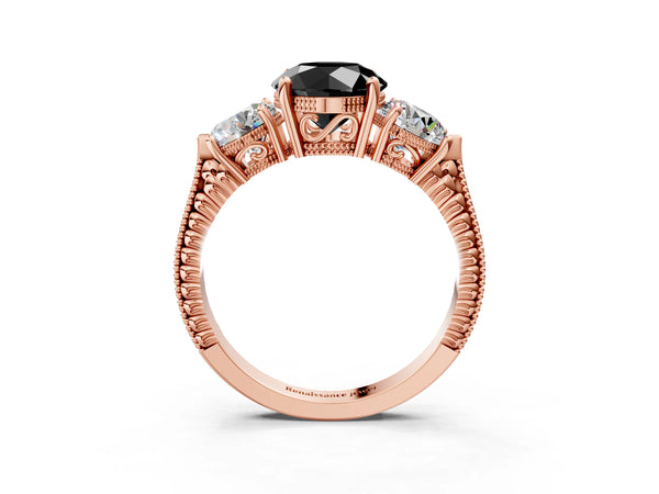 Rose Gold Round Vintage Three Stone Engagement Ring Setting for Black Center