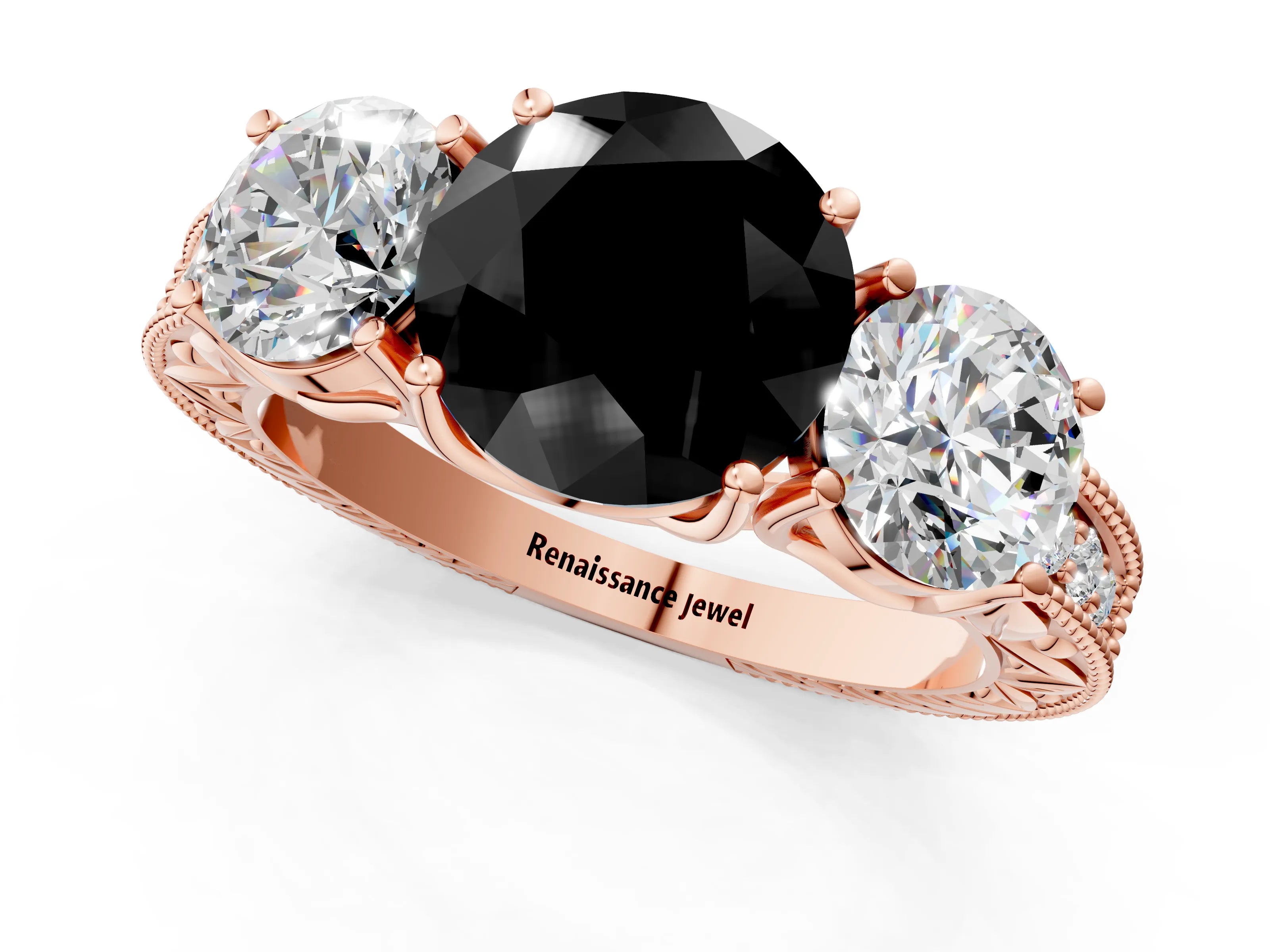 Rose gold Three-Stone Fancy Black Round Cut Cut Milgrain Pavé Engagement Ring_1