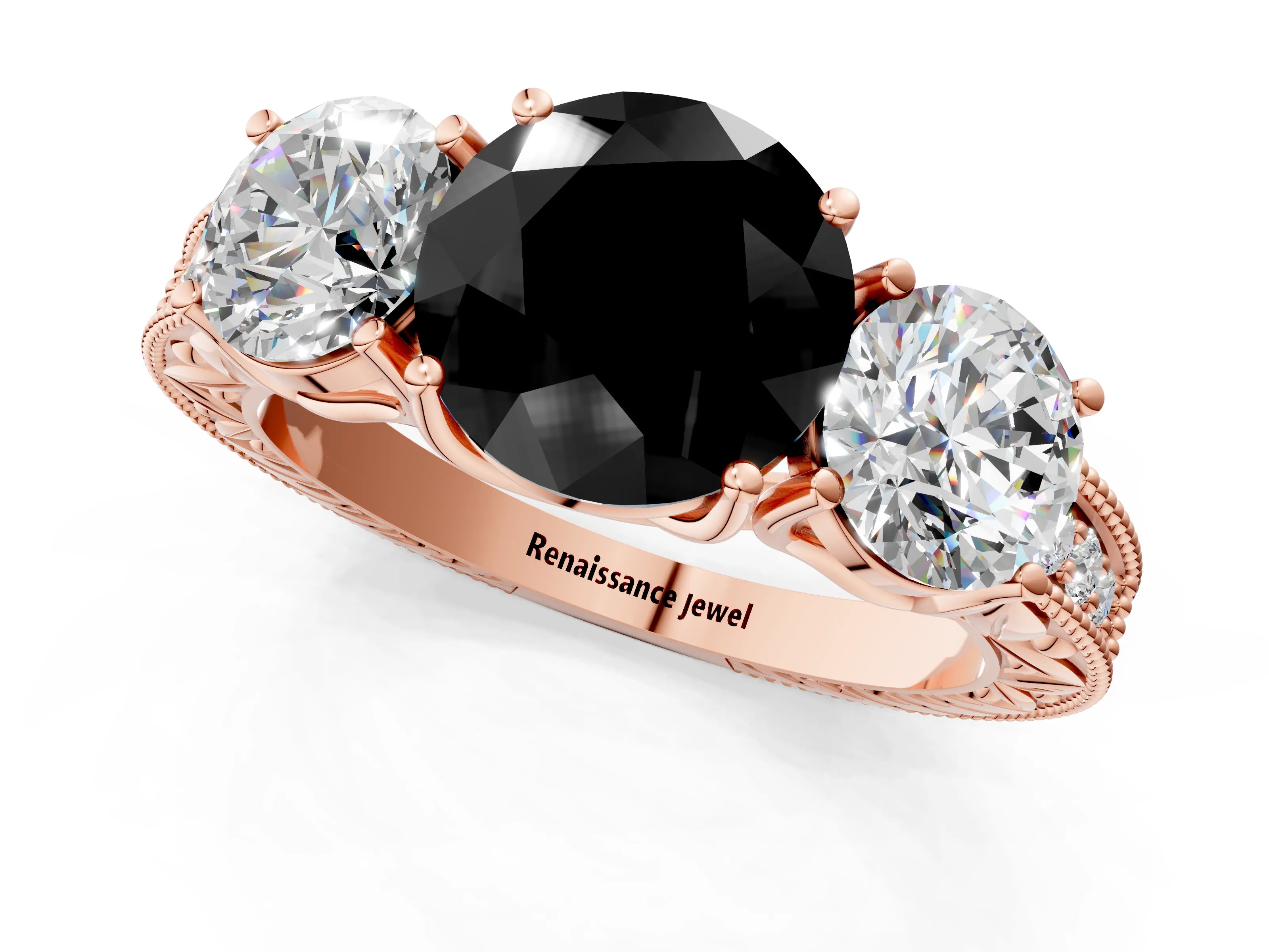 Rose gold Three-Stone Fancy Black Round Cut Cut Milgrain Pavé Engagement Ring_13