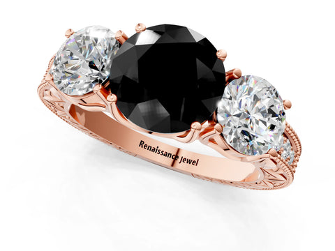 Rose gold Three-Stone Fancy Black Round Cut Cut Milgrain Pavé Engagement Ring_13