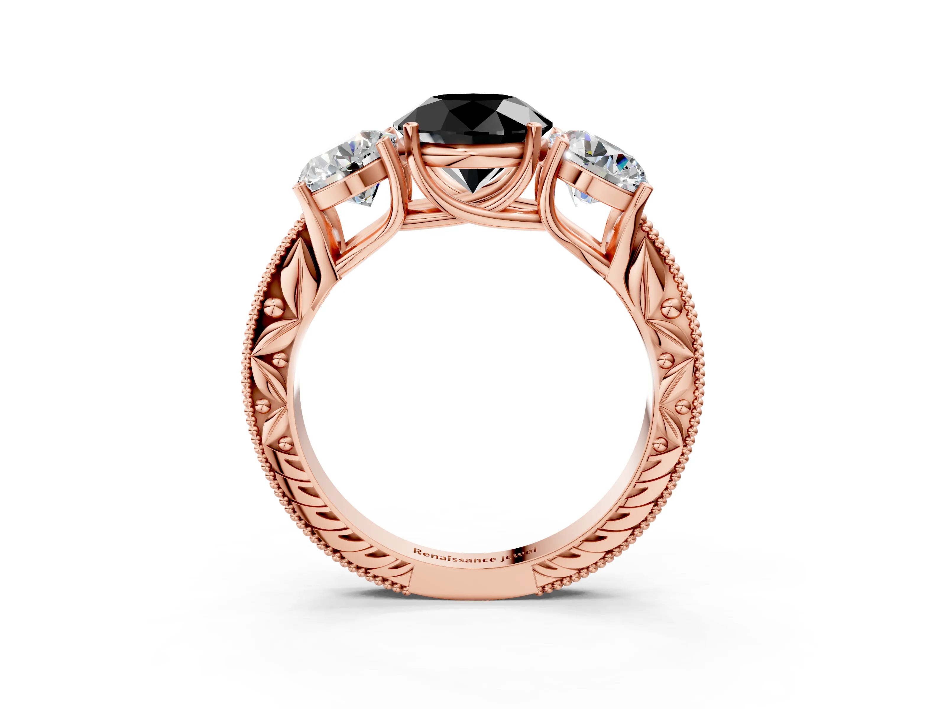 Rose gold Three-Stone Fancy Black Round Cut Cut Milgrain Pavé Engagement Ring_15