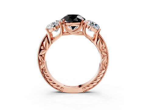 Rose gold Three-Stone Fancy Black Round Cut Cut Milgrain Pavé Engagement Ring_15