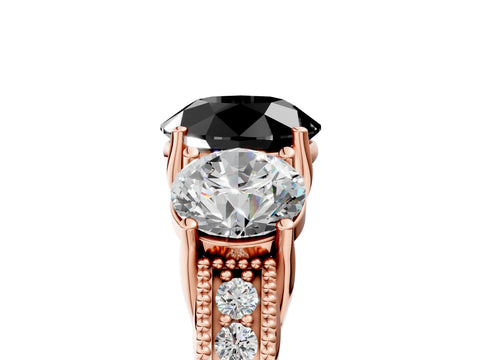 Rose gold Three-Stone Fancy Black Round Cut Cut Milgrain Pavé Engagement Ring_17