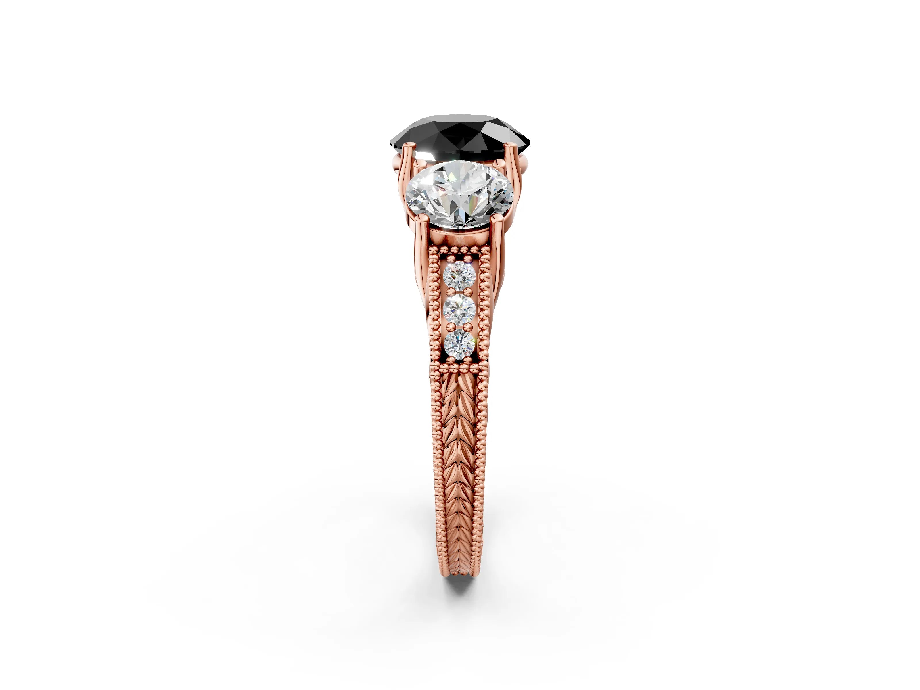 Rose gold Three-Stone Fancy Black Round Cut Cut Milgrain Pavé Engagement Ring_2