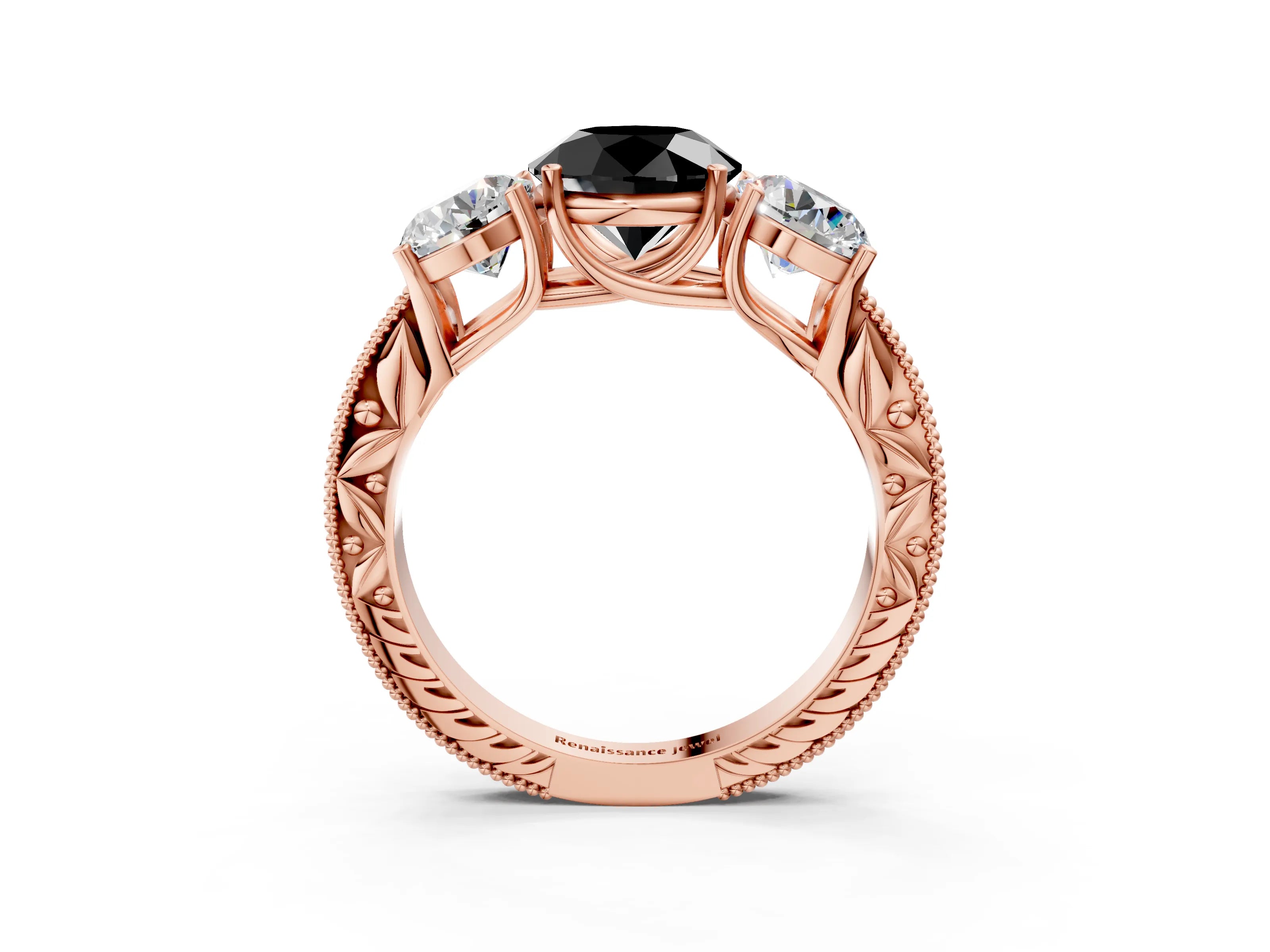 Rose gold Three-Stone Fancy Black Round Cut Cut Milgrain Pavé Engagement Ring_3