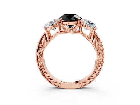 Rose gold Three-Stone Fancy Black Round Cut Cut Milgrain Pavé Engagement Ring_3