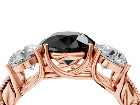 Rose gold Three-Stone Fancy Black Round Cut Cut Milgrain Pavé Engagement Ring_4