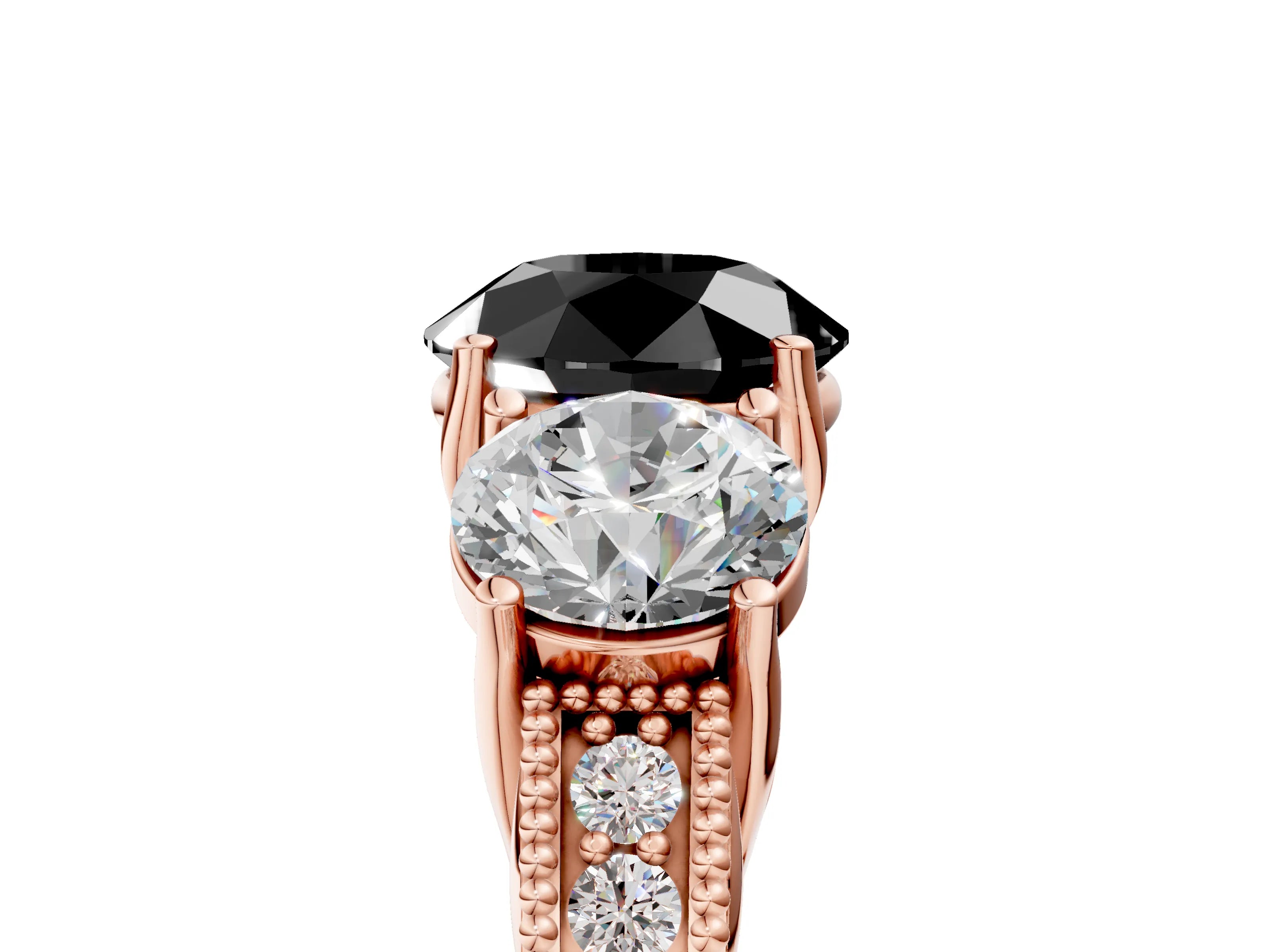 Rose gold Three-Stone Fancy Black Round Cut Cut Milgrain Pavé Engagement Ring_5