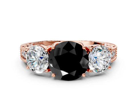 Rose gold Three-Stone Fancy Black Round Cut Cut Milgrain Pavé Engagement Ring