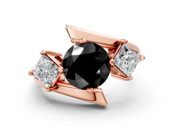 Rose gold Three-Stone Fancy Black Round Cut Cut Tension Band Ring with Four-Prong Setting