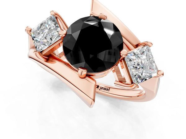 Rose gold Three-Stone Fancy Black Round Cut Cut Tension Band Ring with Four-Prong Setting