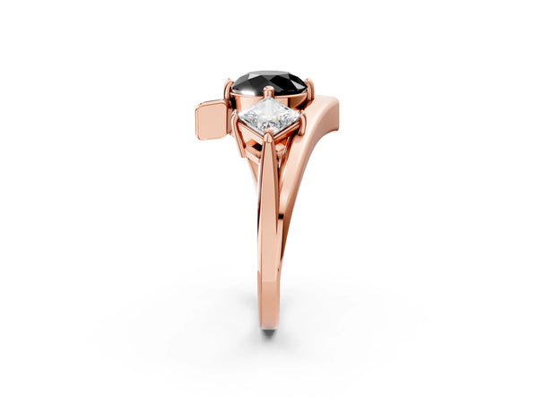 Rose gold Three-Stone Fancy Black Round Cut Cut Tension Band Ring with Four-Prong Setting
