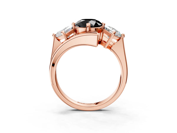 Rose gold Three-Stone Fancy Black Round Cut Cut Tension Band Ring with Four-Prong Setting