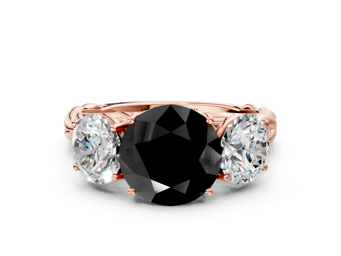 Rose gold Three-Stone Fancy Black Round Cut Diamond Braided Band Ring with Four-Prong Setting_12