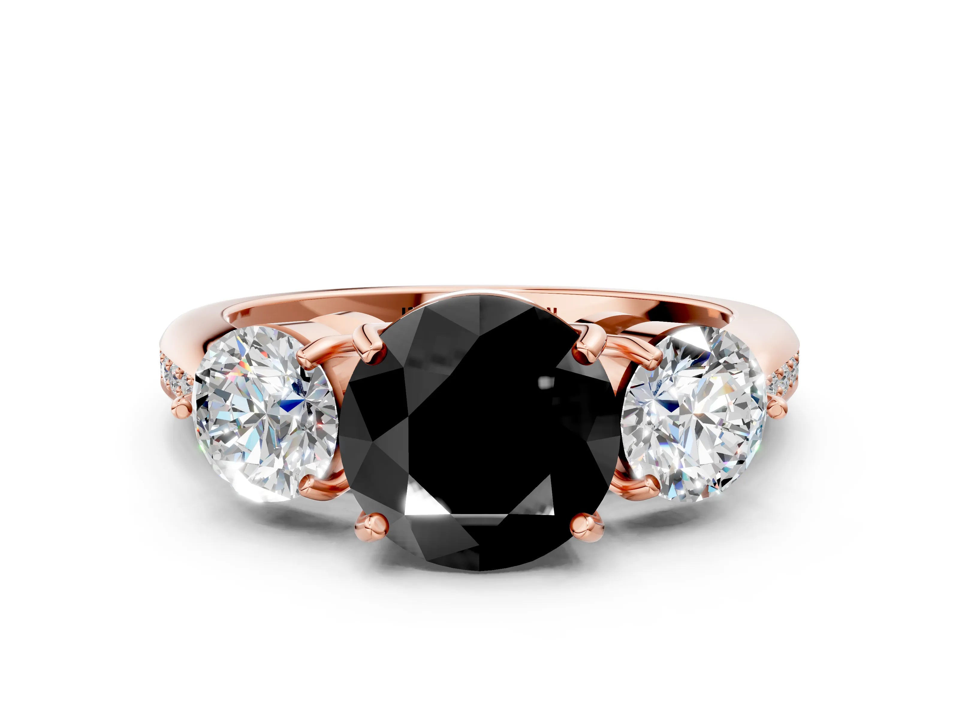 Rose gold Three-Stone Fancy Black Round Cut Diamond Channel Set Engagement Ring with Prong Setting