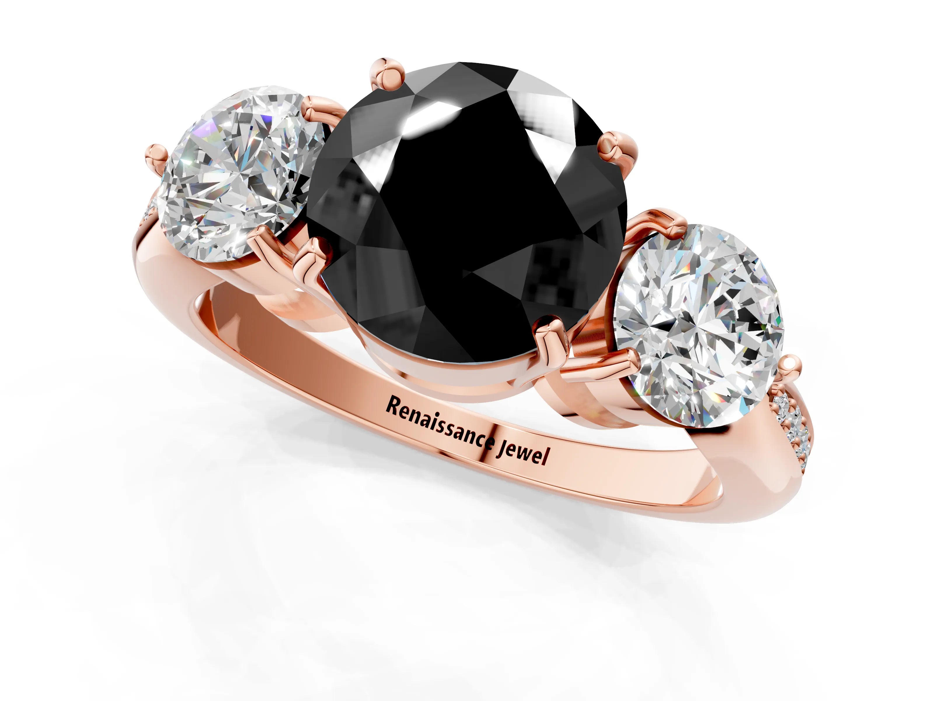Rose gold Three-Stone Fancy Black Round Cut Diamond Channel Set Engagement Ring with Prong Setting_1