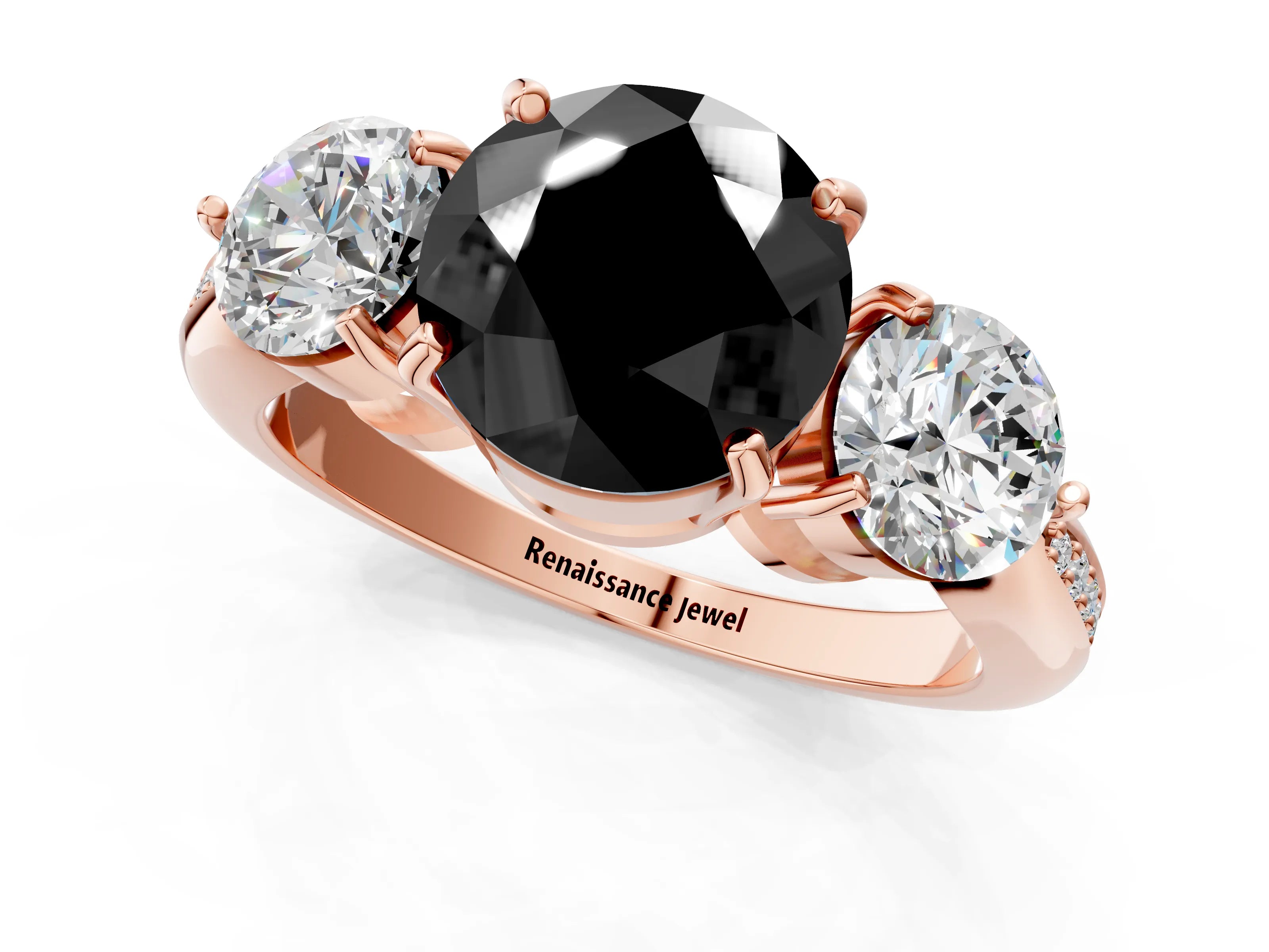 Rose gold Three-Stone Fancy Black Round Cut Diamond Channel Set Engagement Ring with Prong Setting_13
