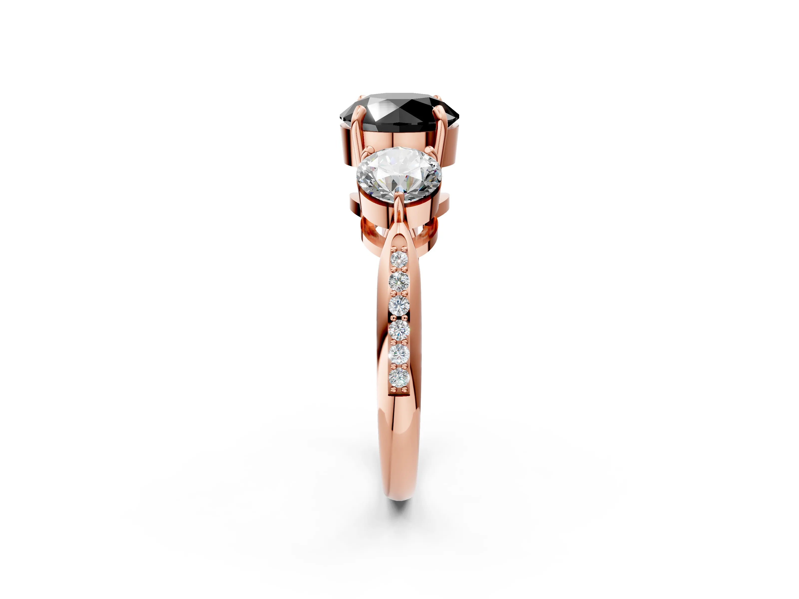 Rose gold Three-Stone Fancy Black Round Cut Diamond Channel Set Engagement Ring with Prong Setting_2