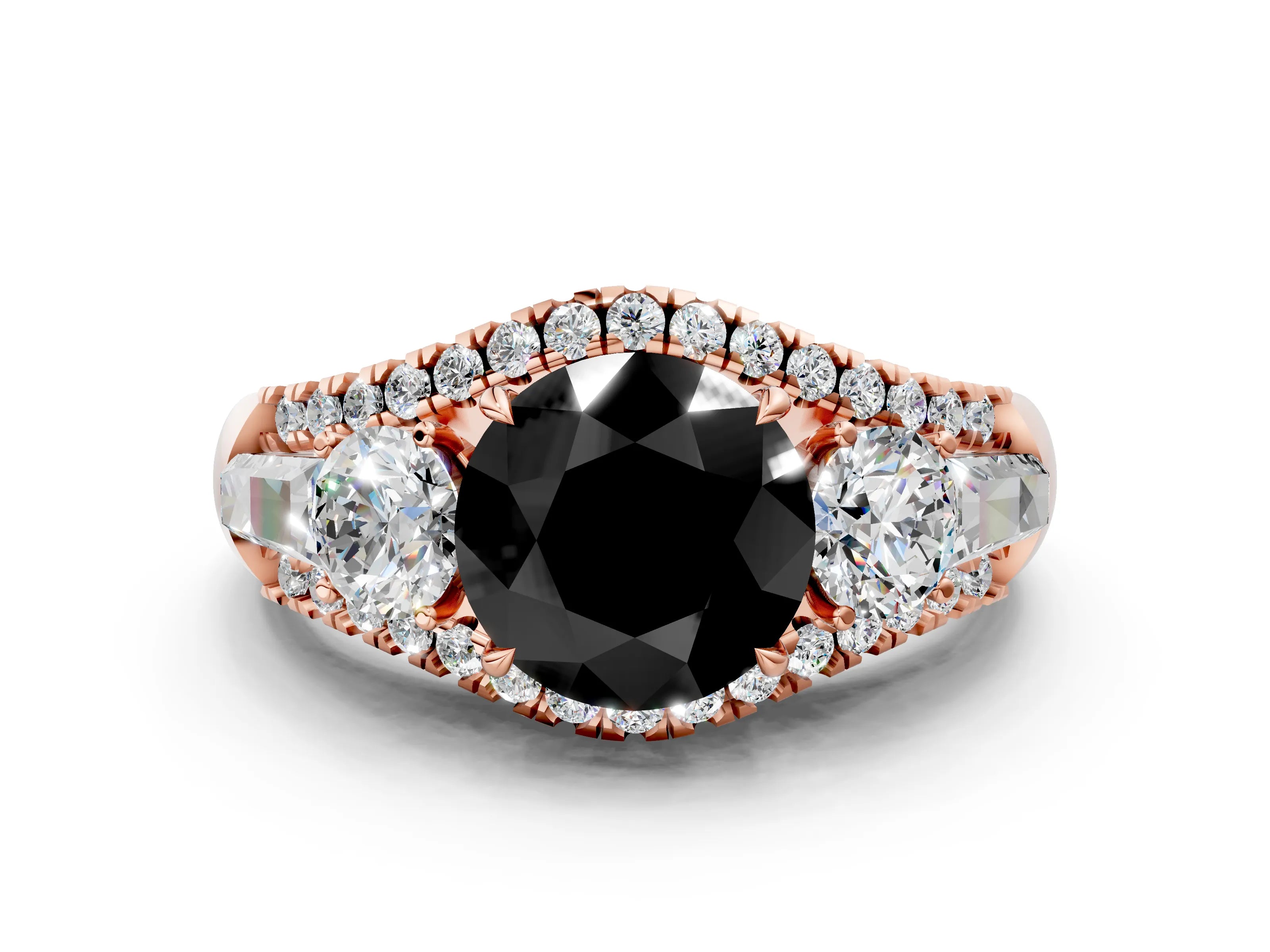 Rose gold Three-Stone Fancy Black Round Cut Diamond Engagement Ring with Pave Band and Prong Setting