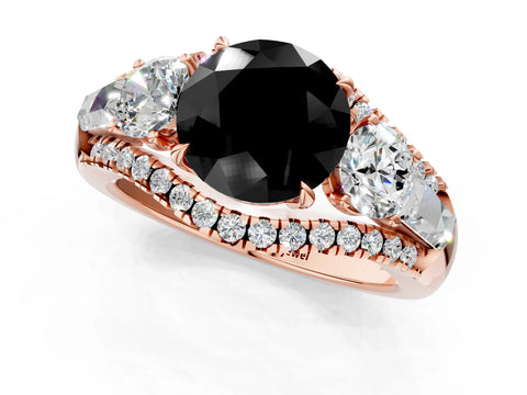 Rose gold Three-Stone Fancy Black Round Cut Diamond Engagement Ring with Pave Band and Prong Setting_1