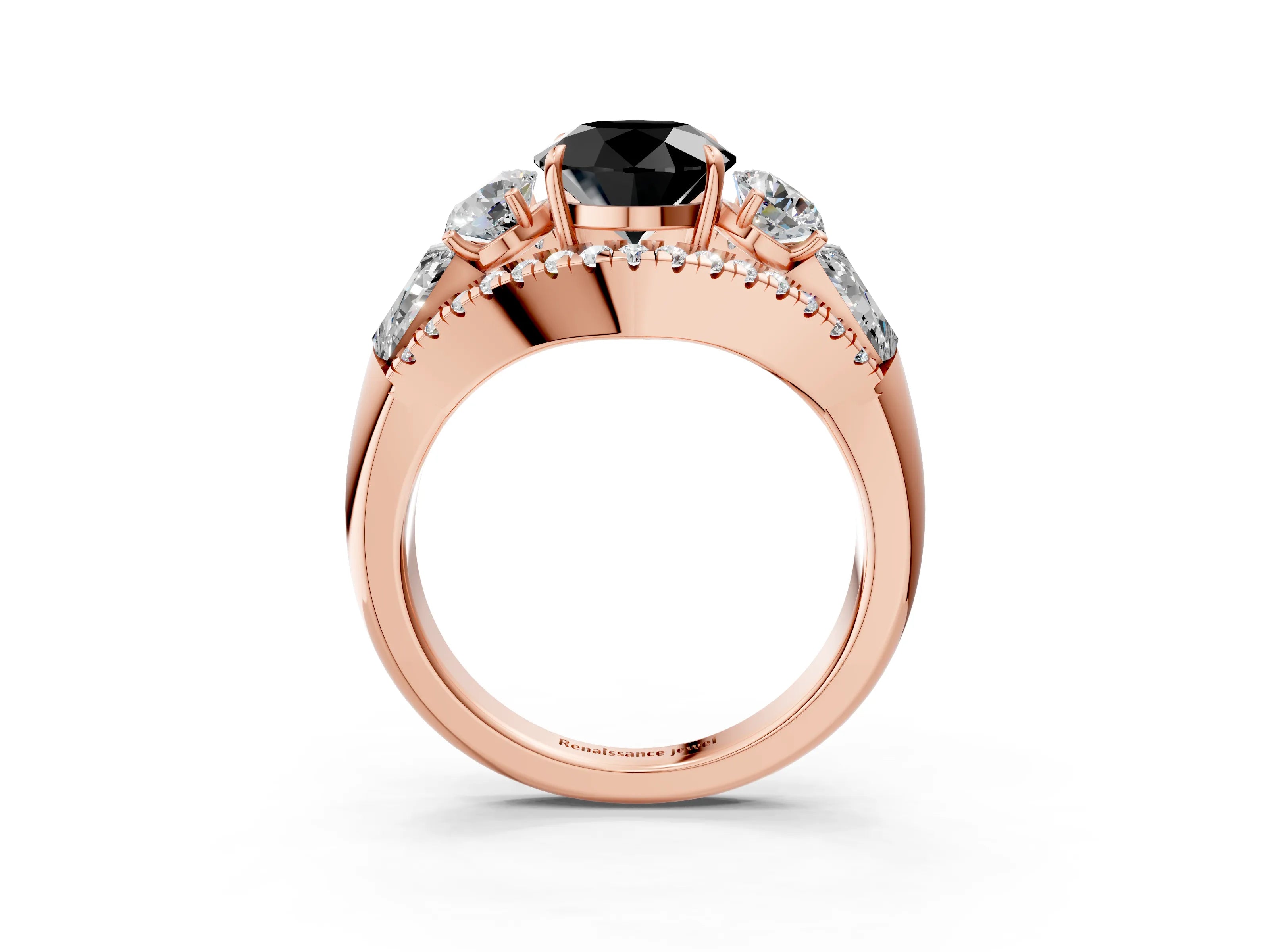 Rose gold Three-Stone Fancy Black Round Cut Diamond Engagement Ring with Pave Band and Prong Setting_3