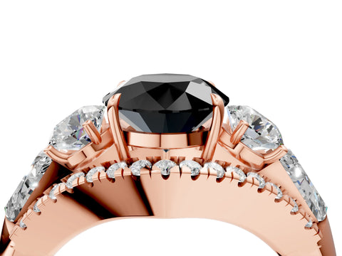 Rose gold Three-Stone Fancy Black Round Cut Diamond Engagement Ring with Pave Band and Prong Setting_4