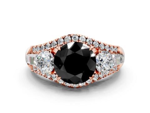 Rose gold Three-Stone Fancy Black Round Cut Diamond Engagement Ring with Pave Band and Prong Setting