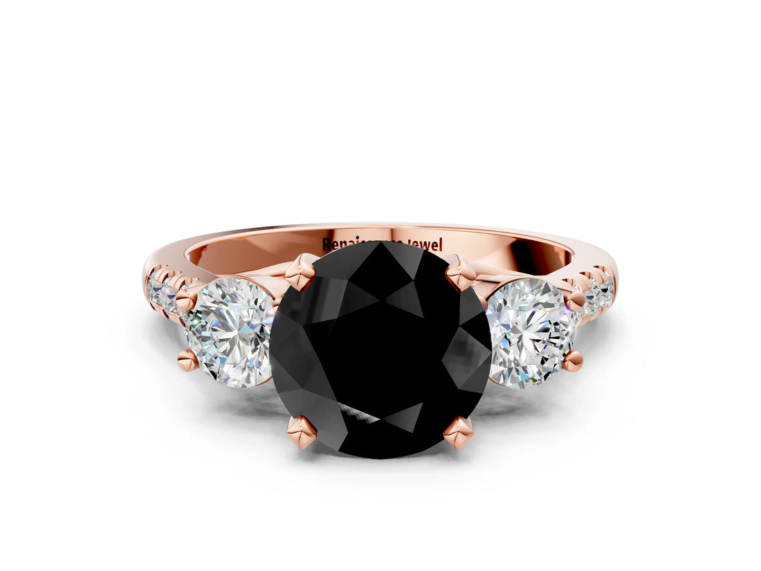Rose gold Three-Stone Fancy Black Round Cut Diamond Pavé Band with Four-Prong Setting