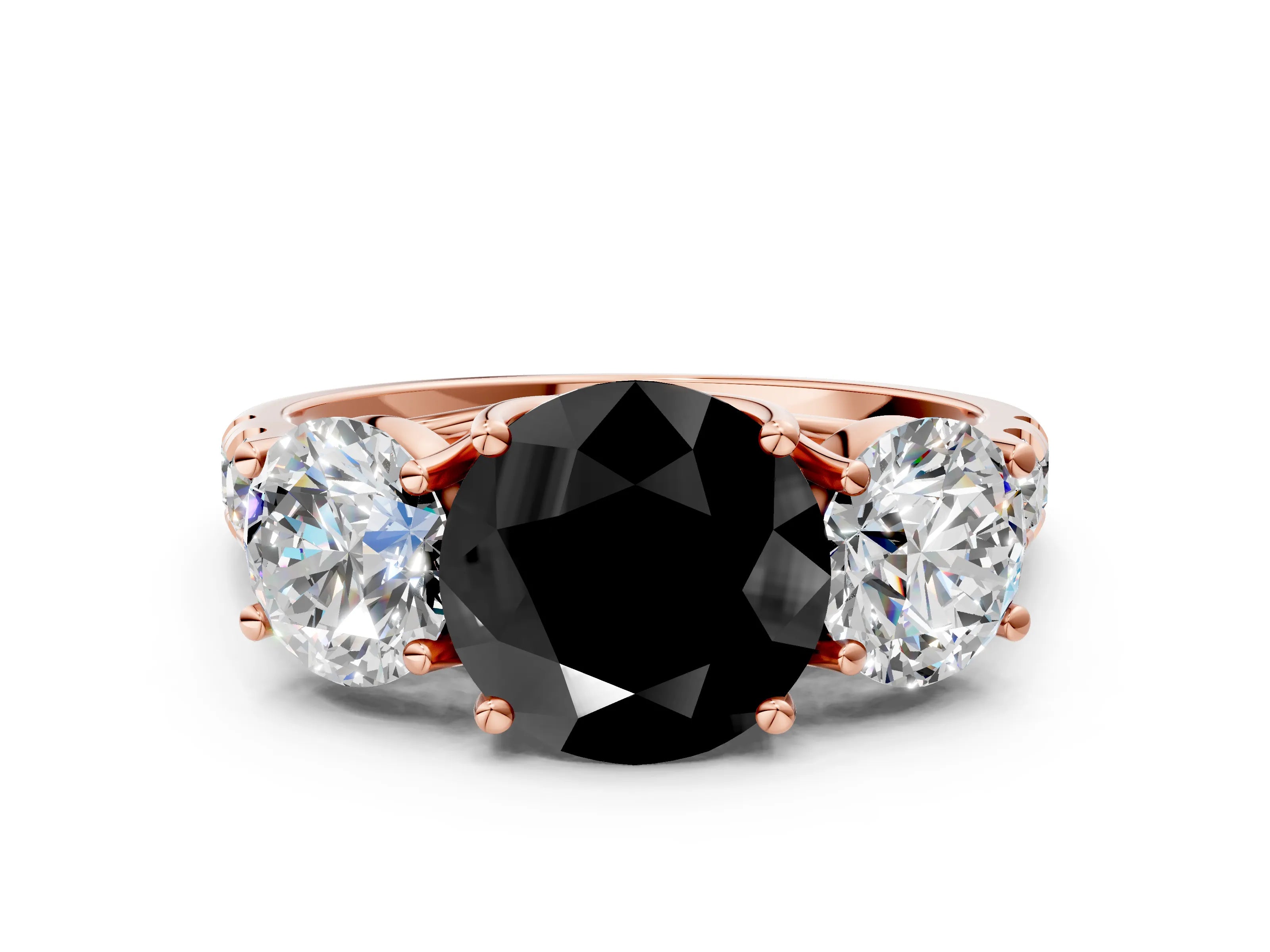 Rose gold Three-Stone Fancy Black Round Cut Diamond Pavé Band with Prong Setting