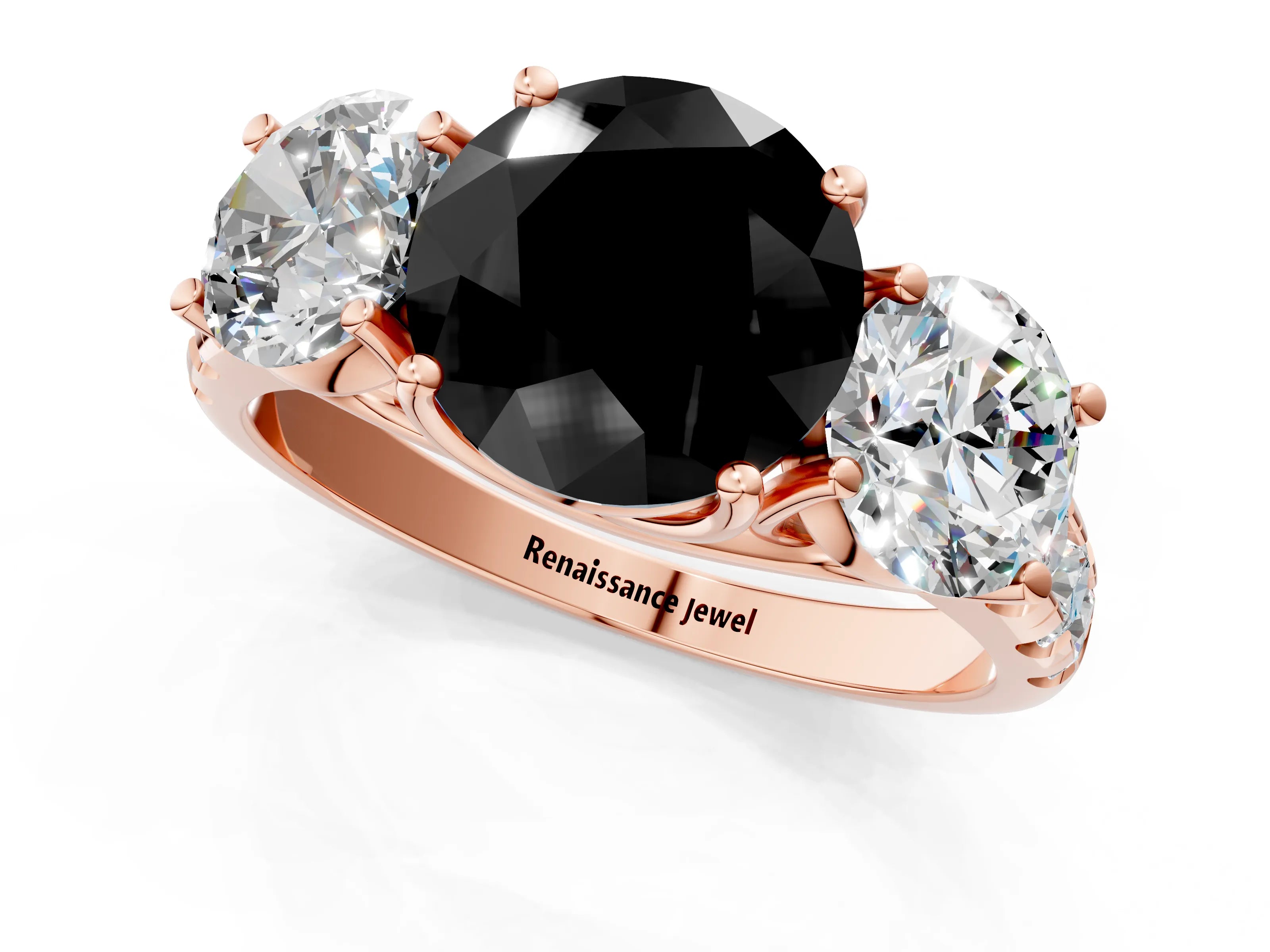 Rose gold Three-Stone Fancy Black Round Cut Diamond Pavé Band with Prong Setting_1