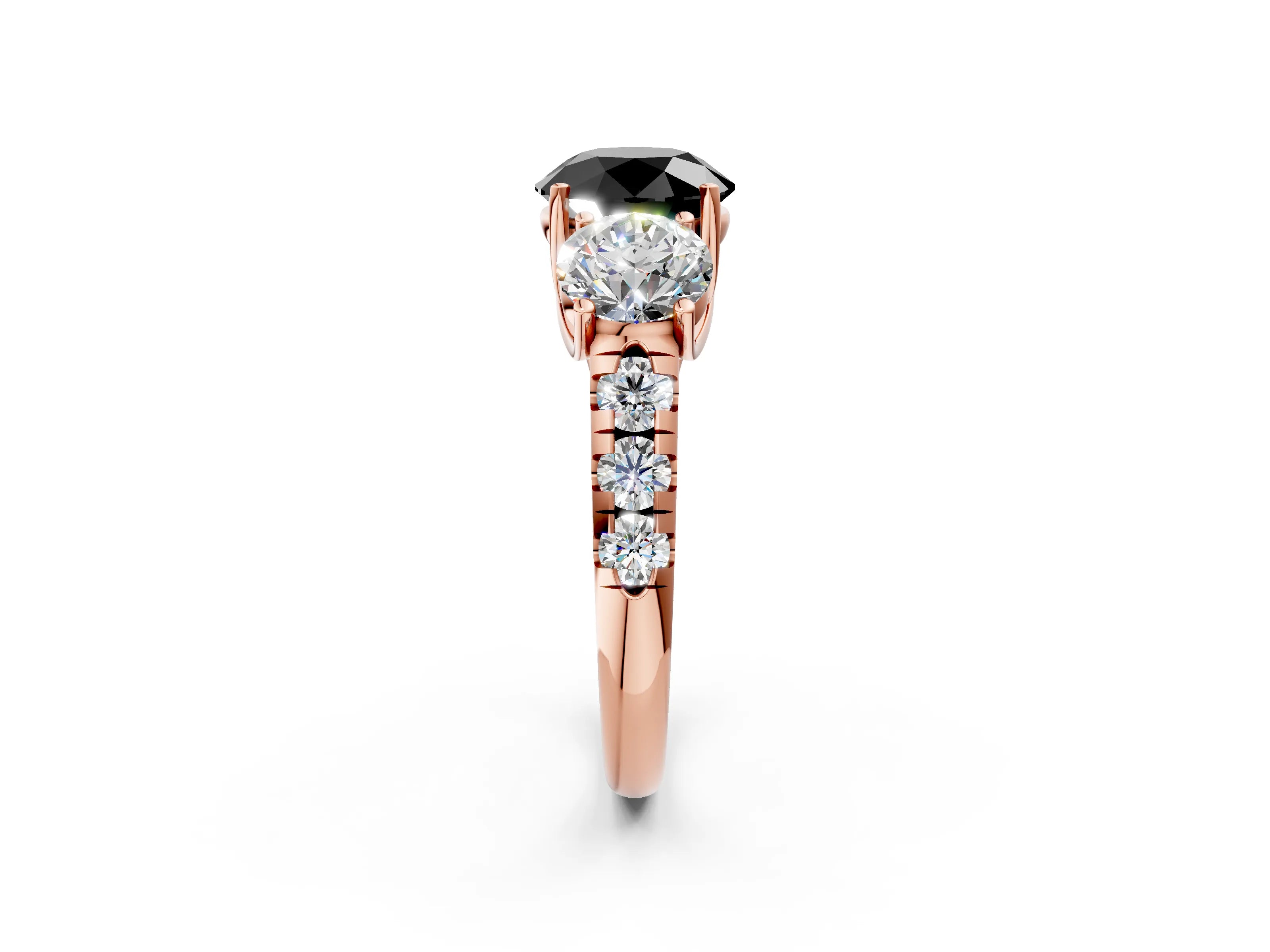 Rose gold Three-Stone Fancy Black Round Cut Diamond Pavé Band with Prong Setting_2