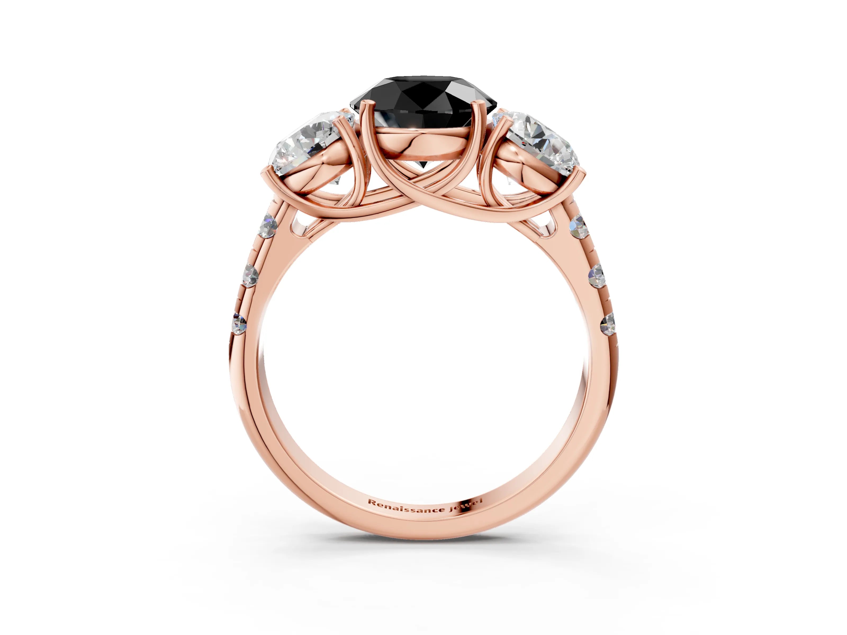 Rose gold Three-Stone Fancy Black Round Cut Diamond Pavé Band with Prong Setting_3
