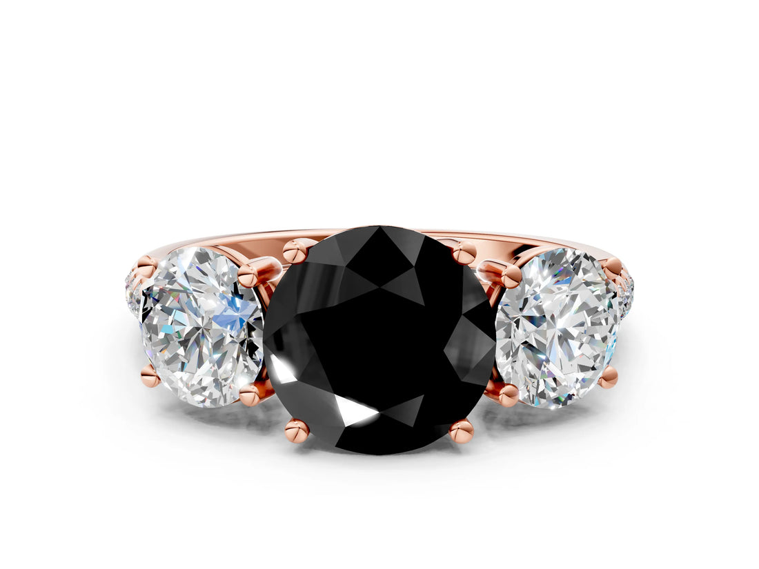 Rose gold Three-Stone Fancy Black Round Cut Diamond Ring with Pavé Band and Prong Setting_24