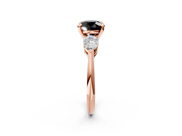 Rose Gold Round Three Stone Engagement Ring Setting for Black Center with Large Pear Side Stones