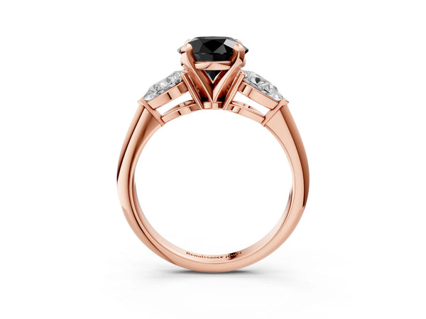 Rose Gold Round Three Stone Engagement Ring Setting for Black Center with Large Pear Side Stones