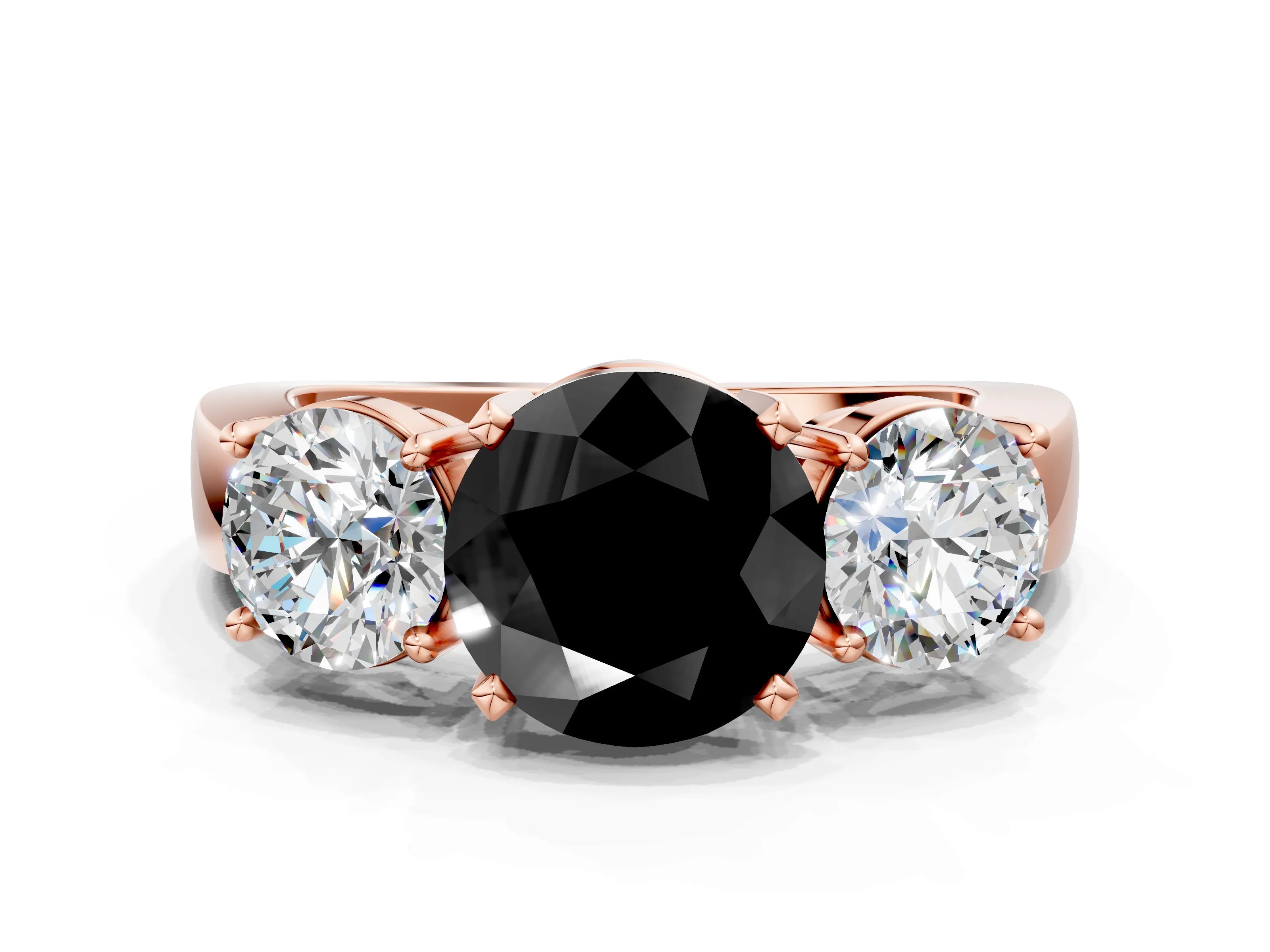 Rose gold Three-Stone Fancy Black Round Cut Diamond Ring with Round Side Stones, Classic Band, and Four-Prong Setting