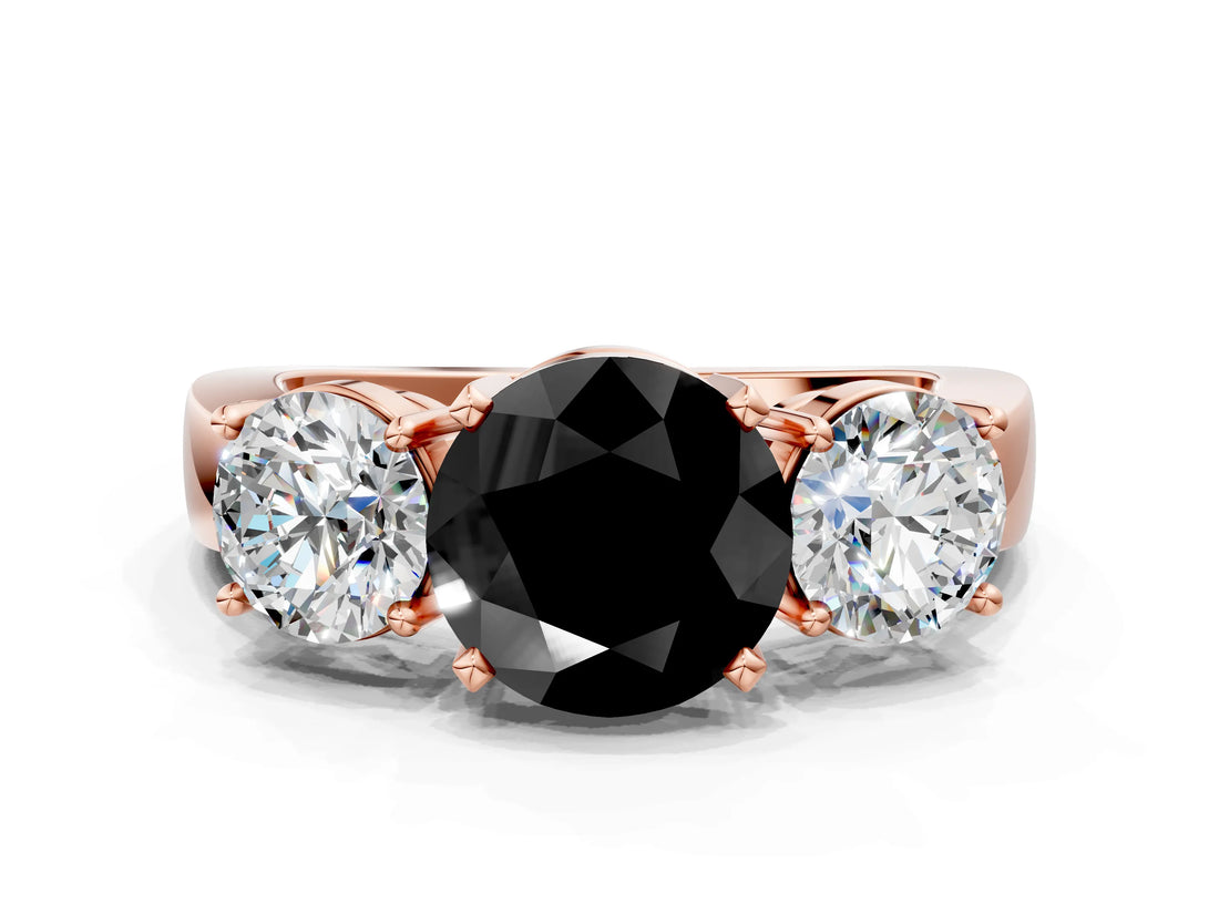 Rose gold Three-Stone Fancy Black Round Cut Diamond Ring with Round Side Stones, Classic Band, and Four-Prong Setting