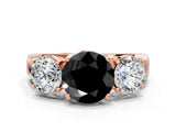 Rose gold Three-Stone Fancy Black Round Cut Diamond Ring with Round Side Stones, Classic Band, and Four-Prong Setting
